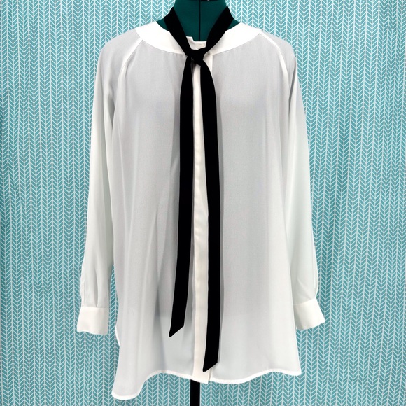 Cabi Tuxedo Blouse # 3421, White Semi-Sheer Long Sleeve with Black Tie, Small - Picture 5 of 16